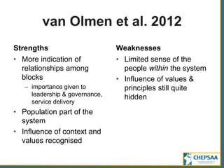 van Olmen et al. 2012
Strengths
• More indication of
relationships among
blocks
– importance given to
leadership & governance,
service delivery
• Population part of the
system
• Influence of context and
values recognised
Weaknesses
• Limited sense of the
people within the system
• Influence of values &
principles still quite
hidden
 