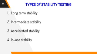 TYPES OF STABILITY TESTING
11
1. Long term stability
2. Intermediate stability
3. Accelerated stability
4. In-use stability
 
