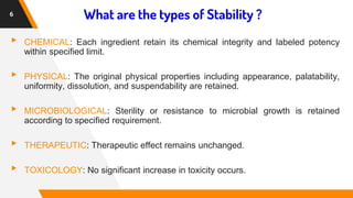 What are the types of Stability ?
▸ CHEMICAL: Each ingredient retain its chemical integrity and labeled potency
within specified limit.
▸ PHYSICAL: The original physical properties including appearance, palatability,
uniformity, dissolution, and suspendability are retained.
▸ MICROBIOLOGICAL: Sterility or resistance to microbial growth is retained
according to specified requirement.
▸ THERAPEUTIC: Therapeutic effect remains unchanged.
▸ TOXICOLOGY: No significant increase in toxicity occurs.
6
 