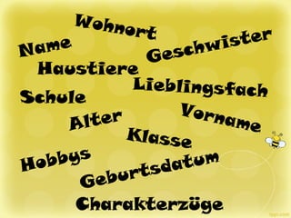 Name
VornameAlter
Geburtsdatum
Wohnort
Schule
Klasse
Hobbys
Lieblingsfach
Geschwister
Haustiere
Charakterzüge
 