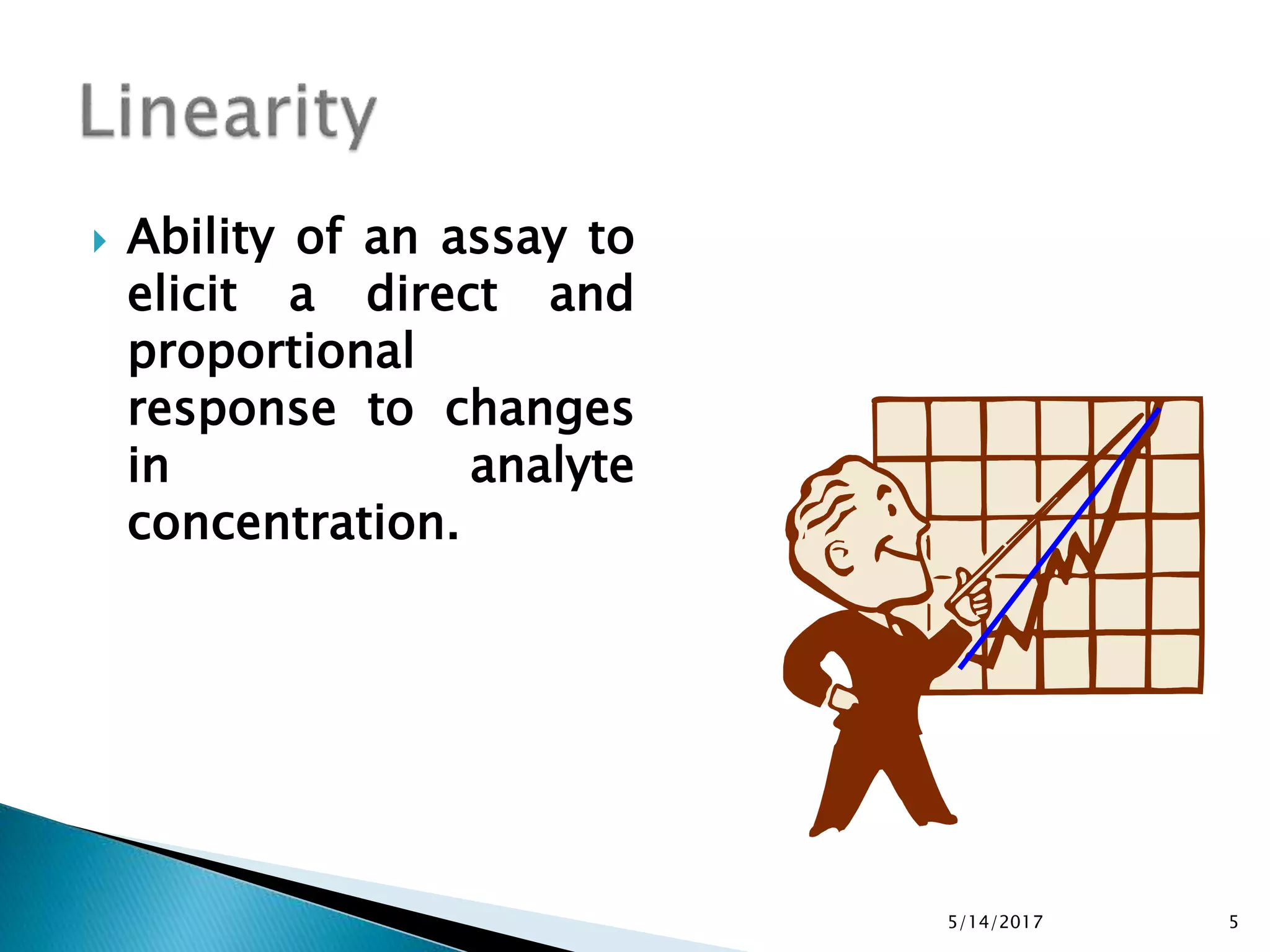  Ability of an assay to
elicit a direct and
proportional
response to changes
in analyte
concentration.
5/14/2017 5
 