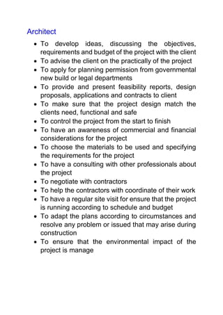 Architect
 To develop ideas, discussing the objectives,
requirements and budget of the project with the client
 To advise the client on the practically of the project
 To apply for planning permission from governmental
new build or legal departments
 To provide and present feasibility reports, design
proposals, applications and contracts to client
 To make sure that the project design match the
clients need, functional and safe
 To control the project from the start to finish
 To have an awareness of commercial and financial
considerations for the project
 To choose the materials to be used and specifying
the requirements for the project
 To have a consulting with other professionals about
the project
 To negotiate with contractors
 To help the contractors with coordinate of their work
 To have a regular site visit for ensure that the project
is running according to schedule and budget
 To adapt the plans according to circumstances and
resolve any problem or issued that may arise during
construction
 To ensure that the environmental impact of the
project is manage
 
