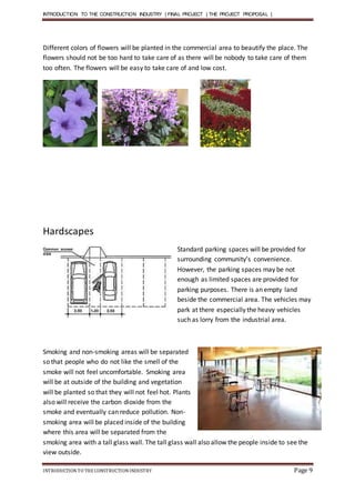 INTRODUCTION TO THE CONSTRUCTION INDUSTRY | FINAL PROJECT | THE PROJECT PROPOSAL |
INTRODUCTIONTO THE CONSTRUCTIONINDUSTRY Page 9
Different colors of flowers will be planted in the commercial area to beautify the place. The
flowers should not be too hard to take care of as there will be nobody to take care of them
too often. The flowers will be easy to take care of and low cost.
Hardscapes
Standard parking spaces will be provided for
surrounding community’s convenience.
However, the parking spaces may be not
enough as limited spaces are provided for
parking purposes. There is an empty land
beside the commercial area. The vehicles may
park at there especially the heavy vehicles
such as lorry from the industrial area.
Smoking and non-smoking areas will be separated
so that people who do not like the smell of the
smoke will not feel uncomfortable. Smoking area
will be at outside of the building and vegetation
will be planted so that they will not feel hot. Plants
also will receive the carbon dioxide from the
smoke and eventually can reduce pollution. Non-
smoking area will be placed inside of the building
where this area will be separated from the
smoking area with a tall glass wall. The tall glass wall also allow the people inside to see the
view outside.
 
