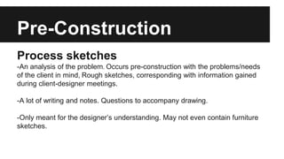Pre-Construction 
Process sketches 
-An analysis of the problem. Occurs pre-construction with the problems/needs 
of the client in mind, Rough sketches, corresponding with information gained 
during client-designer meetings. 
-A lot of writing and notes. Questions to accompany drawing. 
-Only meant for the designer’s understanding. May not even contain furniture 
sketches. 
 