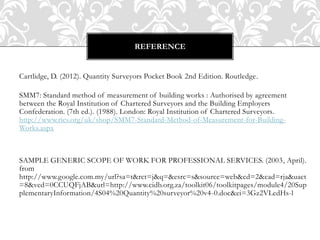 Cartlidge, D. (2012). Quantity Surveyors Pocket Book 2nd Edition. Routledge.
SMM7: Standard method of measurement of building works : Authorised by agreement
between the Royal Institution of Chartered Surveyors and the Building Employers
Confederation. (7th ed.). (1988). London: Royal Institution of Chartered Surveyors.
http://www.rics.org/uk/shop/SMM7-Standard-Method-of-Measurement-for-Building-
Works.aspx
SAMPLE GENERIC SCOPE OF WORK FOR PROFESSIONAL SERVICES. (2003, April).
from
http://www.google.com.my/url?sa=t&rct=j&q=&esrc=s&source=web&cd=2&cad=rja&uact
=8&ved=0CCUQFjAB&url=http://www.cidb.org.za/toolkit06/toolkitpages/module4/20Sup
plementaryInformation/4S04%20Quantity%20surveyor%20v4-0.doc&ei=3Gz2VLedHs-l
REFERENCE
 