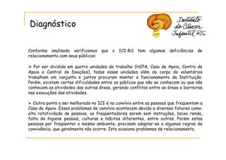 Diagnóstico

Conforme analisado verificamos que o ICI-RS tem algumas deficiências de
relacionamento com seus públicos:

   Por ser dividida em quatro unidades de trabalho (HCPA, Casa de Apoio, Centro de
Apoio e Central de Doações), todas essas unidades além do corpo de voluntários
trabalham em conjunto e juntos procuram manter o funcionamento da Instituição.
Porém, existem certas dificuldades entre os públicos que não se conhecem ou que não
conhecem as atividades das outras áreas, gerando conflitos entre as áreas e barreiras
nas execuções das atividades.

   Outro ponto a ser melhorado no ICI é no convívio entre as pessoas que freqüentam a
Casa de Apoio. Esses problemas de convívio acontecem devido a diversos fatores como:
alta rotatividade de pessoas, os freqüentadores serem sem instruções, baixa renda,
falta de higiene pessoal, culturas e hábitos diferentes, entre outros. Porém estas
pessoas por freqüentar o mesmo ambiente, precisam adaptar-se a algumas regras de
convivência, que geralmente não ocorre. Isto ocasiona problemas de relacionamento.
 