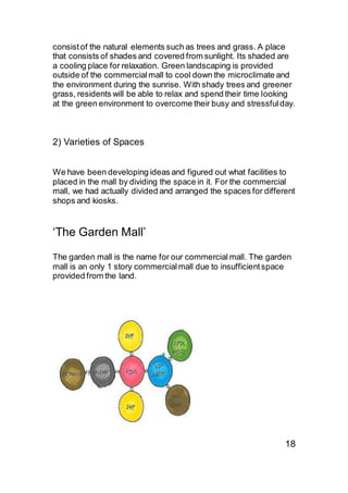 consistof the natural elements such as trees and grass. A place
that consists of shades and covered from sunlight. Its shaded are
a cooling place for relaxation. Green landscaping is provided
outside of the commercial mall to cool down the microclimate and
the environment during the sunrise. With shady trees and greener
grass, residents will be able to relax and spend their time looking
at the green environment to overcome their busy and stressfulday.
2) Varieties of Spaces
We have been developing ideas and figured out what facilities to
placed in the mall by dividing the space in it. For the commercial
mall, we had actually divided and arranged the spaces for different
shops and kiosks.
‘The Garden Mall’
The garden mall is the name for our commercial mall. The garden
mall is an only 1 story commercialmall due to insufficientspace
provided from the land.
18
 