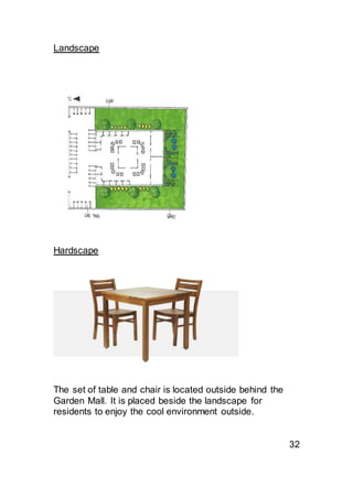 Landscape
Hardscape
The set of table and chair is located outside behind the
Garden Mall. It is placed beside the landscape for
residents to enjoy the cool environment outside.
32
 