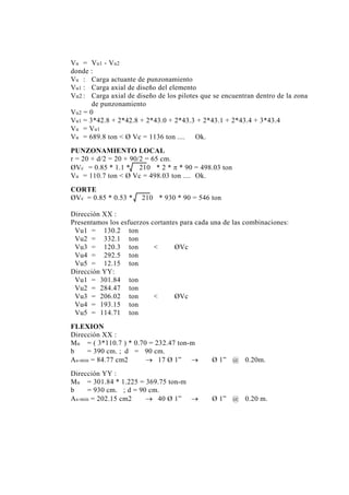 Vu = Vu1 - Vu2
donde :
Vu : Carga actuante de punzonamiento
Vu1 : Carga axial de diseño del elemento
Vu2 : Carga axial de diseño de los pilotes que se encuentran dentro de la zona
de punzonamiento
Vu2 = 0
Vu1 = 3*42.8 + 2*42.8 + 2*43.0 + 2*43.3 + 2*43.1 + 2*43.4 + 3*43.4
Vu = Vu1
Vu = 689.8 ton < Ø Vc = 1136 ton .... Ok.
PUNZONAMIENTO LOCAL
r = 20 + d/2 = 20 + 90/2 = 65 cm.
ØVc = 0.85 * 1.1 * 210 * 2 * π * 90 = 498.03 ton
Vu = 110.7 ton < Ø Vc = 498.03 ton .... Ok.
CORTE
ØVc = 0.85 * 0.53 * 210 * 930 * 90 = 546 ton
Dirección XX :
Presentamos los esfuerzos cortantes para cada una de las combinaciones:
Vu1 = 130.2 ton
Vu2 = 332.1 ton
Vu3 = 120.3 ton < ØVc
Vu4 = 292.5 ton
Vu5 = 12.15 ton
Dirección YY:
Vu1 = 301.84 ton
Vu2 = 284.47 ton
Vu3 = 206.02 ton < ØVc
Vu4 = 193.15 ton
Vu5 = 114.71 ton
FLEXION
Dirección XX :
Mu = ( 3*110.7 ) * 0.70 = 232.47 ton-m
b = 390 cm. ; d = 90 cm.
As-min = 84.77 cm2 → 17 Ø 1” → Ø 1” @ 0.20m.
Dirección YY :
Mu = 301.84 * 1.225 = 369.75 ton-m
b = 930 cm. ; d = 90 cm.
As-min = 202.15 cm2 → 40 Ø 1” → Ø 1” @ 0.20 m.
129
 