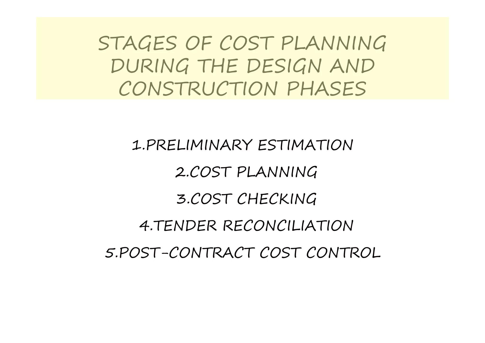 STAGES OF COST PLANNING
DURING THE DESIGN AND
CONSTRUCTION PHASES
1.PRELIMINARY ESTIMATION
2.COST PLANNING
3.COST CHECKING
4.TENDER RECONCILIATION
5.POST-CONTRACT COST CONTROL