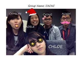 Group Name: CACAC
CRYSLYN
ADELE
CYONG ALWIN
CHLOE
 