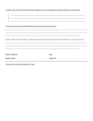 List down some of the main tasks that had been assigned to you for this assignment and briefly describe your performance:
1. _________________________________________________________________________________________________
2. _________________________________________________________________________________________________
3. _________________________________________________________________________________________________
You may also list any other contributions that you feel you have made for your team:
___________________________________________________________________________________________________________
___________________________________________________________________________________________________________
__________________________________________________________________________________________________
Briefly comment on the contributions of other group member, particularly those you feel contributed more or less than expected:
___________________________________________________________________________________________________________
___________________________________________________________________________________________________________
__________________________________________________________________________________________________
Student’s Signature : Date:
Student’s Name : Student ID:
This section for comments by Lecturers / Tutors:
 