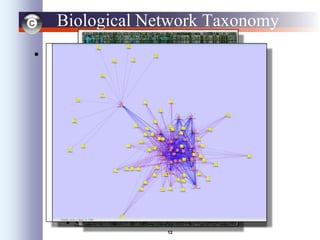 12
Biological Network Taxonomy
• Interaction Networks
– Protein-Protein interactions
– Protein-Ligand interactions
– Genetic interactions
– Domain-Domain interactions
– Others
• Residue or atomic interactions
• Cell/cell interactions
• Population biology
• Epidemiology
• Social networks
 