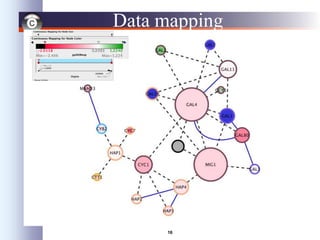 16
Data mapping
• Mapping of data values associated with graph
elements onto graph visuals
• Visual attributes
– Node fill color, border color, border width, size,
shape, opacity, label
– Edge type, color, width, ending type, ending size,
ending color
• Mapping types
– Passthrough (labels)
– Continuous (numeric values)
– Discrete (categories)
 