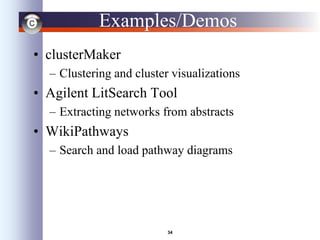 34
Examples/Demos
• clusterMaker
– Clustering and cluster visualizations
• Agilent LitSearch Tool
– Extracting networks from abstracts
• WikiPathways
– Search and load pathway diagrams
 