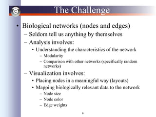 9
The Challenge
• Biological networks (nodes and edges)
– Seldom tell us anything by themselves
– Analysis involves:
• Understanding the characteristics of the network
– Modularity
– Comparison with other networks (specifically random
networks)
– Visualization involves:
• Placing nodes in a meaningful way (layouts)
• Mapping biologically relevant data to the network
– Node size
– Node color
– Edge weights
 
