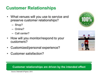 Customer Relationships
• What venues will you use to service and
  preserve customer relationships?
   – Shop?
   – Online?
   – Call center?
• How will you monitor/respond to your
  customers?
• Customized/personal experience?
• Customer satisfaction?



   Customer relationships are driven by the intended effect
                                      40

  Source: Osterwald & Pigneur, 2010
 