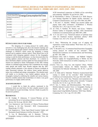 INTERNATIONAL JOURNAL FOR TRENDS IN ENGINEERING & TECHNOLOGY
VOLUME 3 ISSUE 2 – FEBRUARY 2015 – ISSN: 2349 – 9303
IJTET©2015 88
8 CONCLUSION AND FUTURE WORK
The designing of a routing protocol for mobile adhoc
network is a very challenging task, due to the dynamic topology and
its error prone shared radio channel .initially we discussed about the
challenges in MANETs which causes the designing a routing
protocol and its updation schemes typical .These factors have to be
considered while designing updation scheme for the Geographic
routing to yield the better performance .we then discussed about the
existing updation schemes and their drawbacks. As a solution to
these drawbacks adaptive position update has been proposed and its
features are explained in detail. Performance of the APU routing
scheme is evaluated using extensive NS-2 simulations for varying
node speeds and traffic load. Results indicate that the APU
routing scheme generates a less amount of beacon overhead as
other beaconing schemes, but achieve better packet delivery
ratios, less overhead and energy consumption. This detailed study
will enable us to develop a new hybrid updation scheme for
Geographic routing by combining the valuable and various features
from the available schemes that would help us to attain a very good
performance in a highly mobile network.
ACKNOWLEDGMENT
I would like to thank the authors, mentioned in the
references which are cited below for their valuable research works
which helped me to gain knowledge. And also I thank my guide for
his precious guidance.
REFERENCES
[1] M. Frodigh, P. Johansson, P. Larsson,―Wireless ad hoc
networking-The art of networking without a network‖, Ericsson
Review, Vol. No.4, pp. 248-263, 2000.
[2] Ivan Stojmenovic and University of Ottawa,―Position-Based
Routing in Ad Hoc Networks‖, IEEE Communications
Magazine,pp. 2-8, 2002.
[3] Ivan Stagmenovic, ―Home Agent Based Location Update and
Destination Search Schemes in Ad Hoc Networks‖, 1999.
[4] S. Lee, B. Bhattacharjee, and S. Banerjee, ―Efficient
Geographic routing in multihop wireless networks,‖ Proc. 6th
ACM international symposium on Mobile ad hoc networking
and computing - MobiHoc ’05, pp.230-241, 2005.
[5] M. Heissenbuttel, T. Braun, T. Bernoulli et al. ―BLR: Beacon-
Less Routing Algorithm for Mobile Ad-Hoc Networks‖, in
Computer Communications, vol,27, pp. 1076-1086, July 2004.
[6] J. Ho and I. F. Akyildiz, ―Mobile user location update and
paging under delay constraints,‖ ACM/Baltzer J. Wireless
Networks, Vol. 1, No. 4, pp. 413–425, 1995.
[7] Q. Chen, S. Kanhere, M. Hassan, and K.Lan, ―Adaptive
Position Update in Geographic Routing‖, IEEE International
Conference on Communications, pp. 4046–4051, 2006.
[8] G. Y. Lee and Y. Lee, ―Numerical analysis of optimum timer
value for timebased location registration scheme,‖ IEEE
Commun. Lett., Vol. 6, No. 10, pp. 431–433,2002.
[9] C. Rose, ―Minimizing the average cost of paging and
registration: A timer based method,‖ Wirel Netw, Vol. 2, No. 2,
pp. 109–116, 1996.
[10] X. Shi and K. Liu, ―A contention-based beaconless Geographic
routing protocol for mobile ad hoc networks‖, Third
International Conference on Communications and Networking,
pp. 840 – 843, 2008.
[11] Quanjun Chen, Salil S. Kanhere, and Mahbub ―Adaptive
Position Update for GeographicRouting in Mobile Ad Hoc
Networks‖, IEEE transactions on mobile computing, vol. 12, no.
3, march 2013.
[12] Goo Yeon Lee, Yong Lee, and Zygmunt J.Haas, ―Hybrid
Location-Update Scheme for Mobile Networks‖, IEEE
Transactions On Vehicular Technology, Vol. 58, No. 1, pp.338-
348, 2009.
[13] S. H. Shah and K. Nahrstedt, ―Predictive location-based QoS
routing in mobile ad hoc networks,‖ IEEE International
Conference on Communications, Vol.2, pp. 1022-1027, 2002.
[14] C. Chou, K. Ssu, and H. Jiau, ―Dynamic route maintenance for
Geographic forwarding in mobile ad hoc networks,‖ Computer
Networks, Vol. 52, No. 2, pp. 418–431, 2008.
[15] D. Son, A. Helmy, and B.Krishnamachari, ―The Effect of
Mobility-Induced Location Errors on Geographic Routing in
Mobile Ad Hoc and Sensor Networks: Analysis and
Improvement Using Mobility Prediction,‖ IEEE Trans. Mobile
Computing, Vol. 3, No. 3, pp. 233–245, 2004.
 
