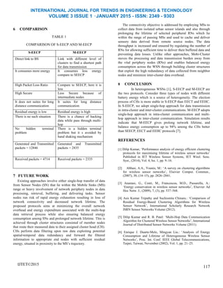 INTERNATIONAL JOURNAL FOR TRENDS IN ENGINEERING & TECHNOLOGY
VOLUME 3 ISSUE 1 –JANUARY 2015 - ISSN: 2349 - 9303
6 COMPARISON
TABLE 1
COMPARISON OF S-EECP AND M-EECP
S-EECP M-EECP
Direct link to BS Link with different level of
clusters to find a shortest path
for data transmission
It consumes more energy It consumes less energy
compare to SEECP
High Packet Loss Ratio Compare to SEECP, here it is
less
High Secure Less Secure because of
intermediate nodes
It does not suites for long
distance communication
It suites for long distance
communication
Residual energy is low Residual energy is high
There is no such situation There is a chance of hacking
data while pass through multi-
hop
No hidden terminal
problem
There is a hidden terminal
problem but it s avoided by
hand shaking mechanism
Generated and Transmitted
packets = 12846
Generated and Transmitted
packets = 2835
Received packets = 4714 Received packets = 2335
7 FUTURE WORK
Existing approaches involve either single-hop transfer of data
from Sensor Nodes (SN) that lie within the Mobile Sinks (MS)
range or heavy involvement of network periphery nodes in data
processing, retrieval, buffering, and delivering tasks. Sensor
nodes run risk of rapid energy exhaustion resulting in loss of
network connectivity and decreased network lifetime. The
proposed protocols aims at minimizing the overall network
overhead and energy expenditure associated with the multi-hop
data retrieval process while also ensuring balanced energy
consumption among SNs and prolonged network lifetime. This is
achieved through cluster structures consisted of member nodes
that route their measured data to their assigned cluster head (CH).
CHs perform data filtering upon raw data exploiting potential
spatial-temporal data redundancy and forward the filtered
information to appropriate end nodes with sufficient residual
energy, situated in proximity to the MS’s trajectory.
IJTET©2015
The connectivity objective is addressed by employing MSs to
collect data from isolated urban sensor islands and also through
prolonging the lifetime of selected peripheral RNs which lie
within the range of passing MSs and used to cache and deliver
sensory data derived from remote source nodes. The data
throughput is increased and ensured by regulating the number of
RNs for allowing sufficient time to deliver their buffered data and
preventing data losses. Unlike other approaches, Mobi-Cluster
moves the processing and data transmission burden away from
the vital periphery nodes (RNs) and enables balanced energy
consumption across the WSN through building cluster structures
that exploit the high redundancy of data collected from neighbor
nodes and minimize inter-cluster data overhead.
8 CONCLUSION
In heterogeneous WSNs [1], S-EECP and M-EECP are
the two protocols. Consider three types of nodes with different
battery energy which is a source of heterogeneity. The election
process of CHs is more stable in S-EECP than EECT and EEHC.
In S-EECP, we adopt single-hop approach for data transmission
in intra-cluster and inter-cluster communications. M-EECP adopts
single-hop approach in intra-cluster communication and multi-
hop approach in inter-cluster communication. Simulation results
indicate that M-EECP gives prolong network lifetime, and
balance energy consumption up to 94% among the CHs better
than SEECP, EECT and EEHC protocols [7].
REFERENCES
[1] Dilip Kumar, ‘Performance analysis of energy efficient clustering
protocols for maximising lifetime of wireless sensor networks’
Published in IET Wireless Sensor Systems, IET Wirel. Sens.
Syst., (2014), Vol. 4, Iss. 1, pp. 9–16.
[2] Abbasi, A.A., Younis, M.: ‘A survey on clustering algorithms
for wireless sensor networks’, Elsevier Comput. Commun.,
(2007), 30, (14–15), pp. 2826–2841.
[3] Anastasi, G., Conti, M., Francescoa, M.D., Passarella, A.:
‘Energy conservation in wireless sensor networks’, Elsevier Ad
Hoc Netw. J., (2009), 7, (3), pp. 537–568.
[4] Asis Kumar Tripathy and Suchismita Chinara.: ‘Comparison of
Residual Energy-Based Clustering Algorithms for Wireless
Sensor Network’, International Scholarly Research Network
ISRN Sensor Networks Volume (2012).
[5] Dilip Kumar and R. B. Patel: ‘Multi-Hop Data Communication
Algorithm for Clustered Wireless Sensor Networks’, International
Journal of Distributed Sensor Networks Volume (2011).
[6] Enrique J. Duarte-Melo, Mingyan Liu.: ‘Analysis of Energy
Consumption and Lifetime of Heterogeneous Wireless Sensor
Networks’, Proc. Int. Conf. IEEE Global Telecommunications,
Taipei, Taiwan, November (2002), Vol. 1, pp. 21–25.
117
 