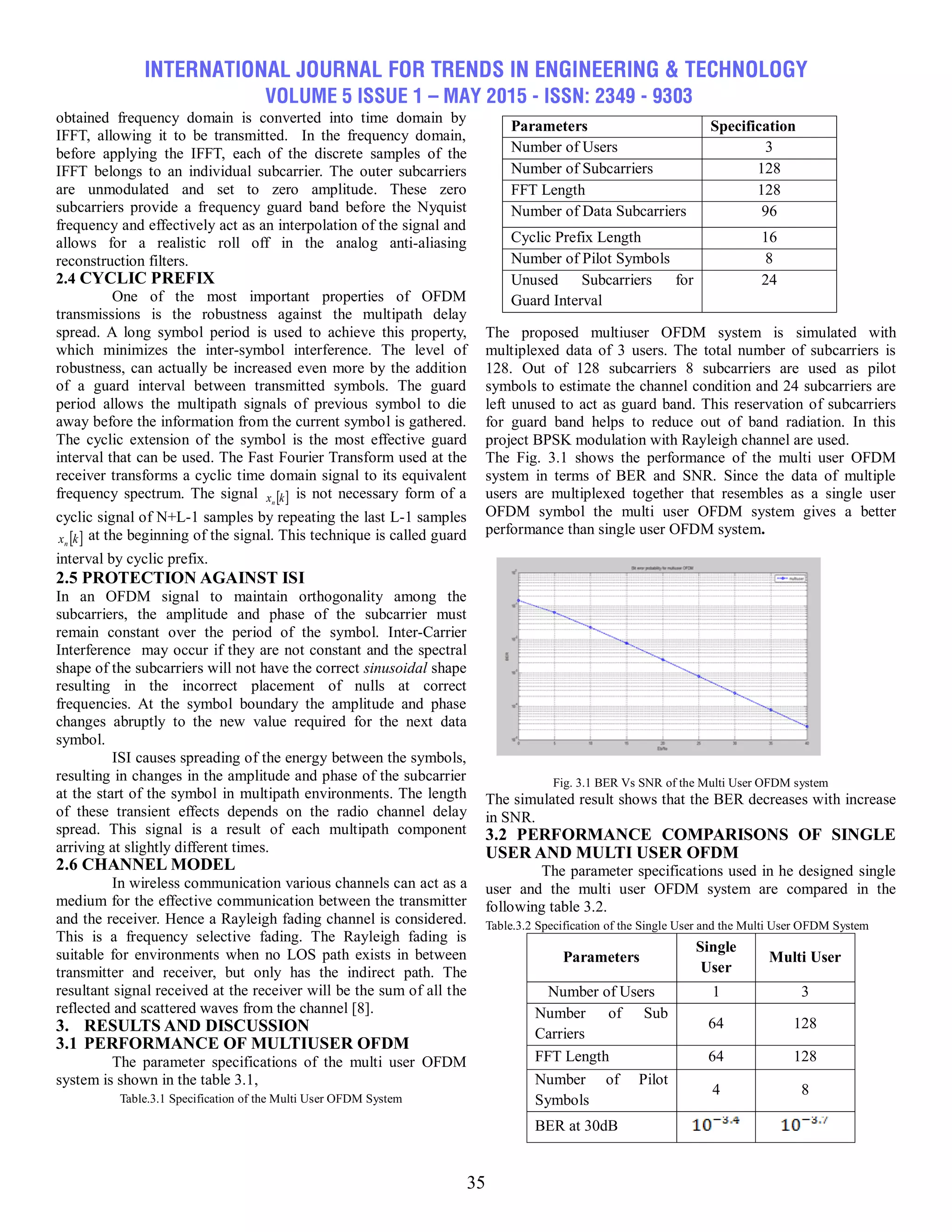 INTERNATIONAL JOURNAL FOR TRENDS IN ENGINEERING & TECHNOLOGY
VOLUME 5 ISSUE 1 – MAY 2015 - ISSN: 2349 - 9303
35
obtained frequency domain is converted into time domain by
IFFT, allowing it to be transmitted. In the frequency domain,
before applying the IFFT, each of the discrete samples of the
IFFT belongs to an individual subcarrier. The outer subcarriers
are unmodulated and set to zero amplitude. These zero
subcarriers provide a frequency guard band before the Nyquist
frequency and effectively act as an interpolation of the signal and
allows for a realistic roll off in the analog anti-aliasing
reconstruction filters.
2.4 CYCLIC PREFIX
One of the most important properties of OFDM
transmissions is the robustness against the multipath delay
spread. A long symbol period is used to achieve this property,
which minimizes the inter-symbol interference. The level of
robustness, can actually be increased even more by the addition
of a guard interval between transmitted symbols. The guard
period allows the multipath signals of previous symbol to die
away before the information from the current symbol is gathered.
The cyclic extension of the symbol is the most effective guard
interval that can be used. The Fast Fourier Transform used at the
receiver transforms a cyclic time domain signal to its equivalent
frequency spectrum. The signal  kxn
is not necessary form of a
cyclic signal of N+L-1 samples by repeating the last L-1 samples
 kxn
at the beginning of the signal. This technique is called guard
interval by cyclic prefix.
2.5 PROTECTION AGAINST ISI
In an OFDM signal to maintain orthogonality among the
subcarriers, the amplitude and phase of the subcarrier must
remain constant over the period of the symbol. Inter-Carrier
Interference may occur if they are not constant and the spectral
shape of the subcarriers will not have the correct sinusoidal shape
resulting in the incorrect placement of nulls at correct
frequencies. At the symbol boundary the amplitude and phase
changes abruptly to the new value required for the next data
symbol.
ISI causes spreading of the energy between the symbols,
resulting in changes in the amplitude and phase of the subcarrier
at the start of the symbol in multipath environments. The length
of these transient effects depends on the radio channel delay
spread. This signal is a result of each multipath component
arriving at slightly different times.
2.6 CHANNEL MODEL
In wireless communication various channels can act as a
medium for the effective communication between the transmitter
and the receiver. Hence a Rayleigh fading channel is considered.
This is a frequency selective fading. The Rayleigh fading is
suitable for environments when no LOS path exists in between
transmitter and receiver, but only has the indirect path. The
resultant signal received at the receiver will be the sum of all the
reflected and scattered waves from the channel [8].
3. RESULTS AND DISCUSSION
3.1 PERFORMANCE OF MULTIUSER OFDM
The parameter specifications of the multi user OFDM
system is shown in the table 3.1,
Table.3.1 Specification of the Multi User OFDM System
The proposed multiuser OFDM system is simulated with
multiplexed data of 3 users. The total number of subcarriers is
128. Out of 128 subcarriers 8 subcarriers are used as pilot
symbols to estimate the channel condition and 24 subcarriers are
left unused to act as guard band. This reservation of subcarriers
for guard band helps to reduce out of band radiation. In this
project BPSK modulation with Rayleigh channel are used.
The Fig. 3.1 shows the performance of the multi user OFDM
system in terms of BER and SNR. Since the data of multiple
users are multiplexed together that resembles as a single user
OFDM symbol the multi user OFDM system gives a better
performance than single user OFDM system.
Fig. 3.1 BER Vs SNR of the Multi User OFDM system
The simulated result shows that the BER decreases with increase
in SNR.
3.2 PERFORMANCE COMPARISONS OF SINGLE
USER AND MULTI USER OFDM
The parameter specifications used in he designed single
user and the multi user OFDM system are compared in the
following table 3.2.
Table.3.2 Specification of the Single User and the Multi User OFDM System
Parameters
Single
User
Multi User
Number of Users 1 3
Number of Sub
Carriers
64 128
FFT Length 64 128
Number of Pilot
Symbols
4 8
BER at 30dB
Parameters Specification
Number of Users 3
Number of Subcarriers 128
FFT Length 128
Number of Data Subcarriers 96
Cyclic Prefix Length 16
Number of Pilot Symbols 8
Unused Subcarriers for
Guard Interval
24
 