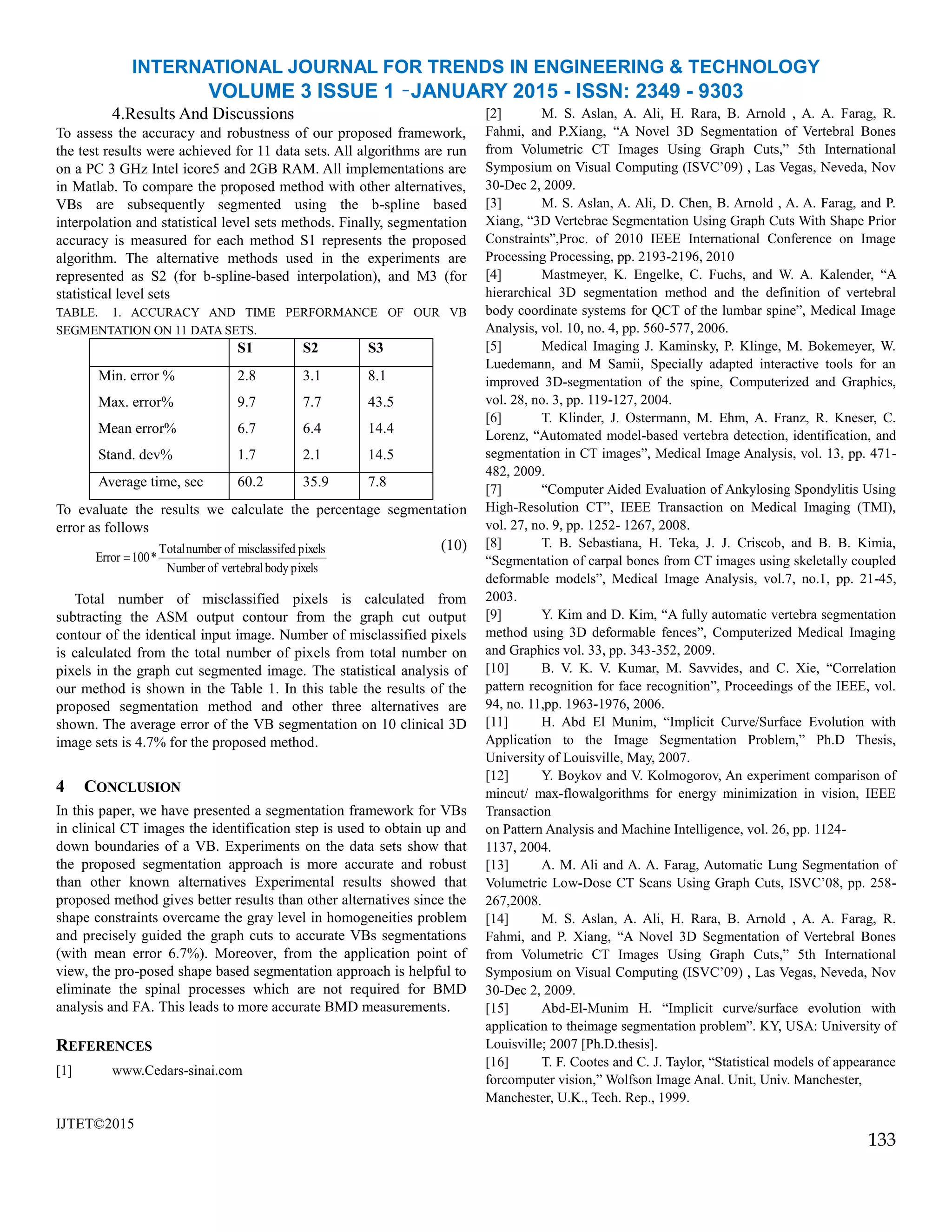 INTERNATIONAL JOURNAL FOR TRENDS IN ENGINEERING & TECHNOLOGY
VOLUME 3 ISSUE 1 –JANUARY 2015 - ISSN: 2349 - 9303
4.Results And Discussions
To assess the accuracy and robustness of our proposed framework,
the test results were achieved for 11 data sets. All algorithms are run
on a PC 3 GHz Intel icore5 and 2GB RAM. All implementations are
in Matlab. To compare the proposed method with other alternatives,
VBs are subsequently segmented using the b-spline based
interpolation and statistical level sets methods. Finally, segmentation
accuracy is measured for each method S1 represents the proposed
algorithm. The alternative methods used in the experiments are
represented as S2 (for b-spline-based interpolation), and M3 (for
statistical level sets
TABLE. 1. ACCURACY AND TIME PERFORMANCE OF OUR VB
SEGMENTATION ON 11 DATA SETS.
S1 S2 S3
Min. error %
Max. error%
Mean error%
Stand. dev%
2.8
9.7
6.7
1.7
3.1
7.7
6.4
2.1
8.1
43.5
14.4
14.5
Average time, sec 60.2 35.9 7.8
To evaluate the results we calculate the percentage segmentation
error as follows
(10)
Total number of misclassified pixels is calculated from
subtracting the ASM output contour from the graph cut output
contour of the identical input image. Number of misclassified pixels
is calculated from the total number of pixels from total number on
pixels in the graph cut segmented image. The statistical analysis of
our method is shown in the Table 1. In this table the results of the
proposed segmentation method and other three alternatives are
shown. The average error of the VB segmentation on 10 clinical 3D
image sets is 4.7% for the proposed method.
4 CONCLUSION
In this paper, we have presented a segmentation framework for VBs
in clinical CT images the identification step is used to obtain up and
down boundaries of a VB. Experiments on the data sets show that
the proposed segmentation approach is more accurate and robust
than other known alternatives Experimental results showed that
proposed method gives better results than other alternatives since the
shape constraints overcame the gray level in homogeneities problem
and precisely guided the graph cuts to accurate VBs segmentations
(with mean error 6.7%). Moreover, from the application point of
view, the pro-posed shape based segmentation approach is helpful to
eliminate the spinal processes which are not required for BMD
analysis and FA. This leads to more accurate BMD measurements.
REFERENCES
[1] www.Cedars-sinai.com
IJTET©2015
[2] M. S. Aslan, A. Ali, H. Rara, B. Arnold , A. A. Farag, R.
Fahmi, and P.Xiang, “A Novel 3D Segmentation of Vertebral Bones
from Volumetric CT Images Using Graph Cuts,” 5th International
Symposium on Visual Computing (ISVC’09) , Las Vegas, Neveda, Nov
30-Dec 2, 2009.
[3] M. S. Aslan, A. Ali, D. Chen, B. Arnold , A. A. Farag, and P.
Xiang, “3D Vertebrae Segmentation Using Graph Cuts With Shape Prior
Constraints”,Proc. of 2010 IEEE International Conference on Image
Processing Processing, pp. 2193-2196, 2010
[4] Mastmeyer, K. Engelke, C. Fuchs, and W. A. Kalender, “A
hierarchical 3D segmentation method and the definition of vertebral
body coordinate systems for QCT of the lumbar spine”, Medical Image
Analysis, vol. 10, no. 4, pp. 560-577, 2006.
[5] Medical Imaging J. Kaminsky, P. Klinge, M. Bokemeyer, W.
Luedemann, and M Samii, Specially adapted interactive tools for an
improved 3D-segmentation of the spine, Computerized and Graphics,
vol. 28, no. 3, pp. 119-127, 2004.
[6] T. Klinder, J. Ostermann, M. Ehm, A. Franz, R. Kneser, C.
Lorenz, “Automated model-based vertebra detection, identification, and
segmentation in CT images”, Medical Image Analysis, vol. 13, pp. 471-
482, 2009.
[7] “Computer Aided Evaluation of Ankylosing Spondylitis Using
High-Resolution CT”, IEEE Transaction on Medical Imaging (TMI),
vol. 27, no. 9, pp. 1252- 1267, 2008.
[8] T. B. Sebastiana, H. Teka, J. J. Criscob, and B. B. Kimia,
“Segmentation of carpal bones from CT images using skeletally coupled
deformable models”, Medical Image Analysis, vol.7, no.1, pp. 21-45,
2003.
[9] Y. Kim and D. Kim, “A fully automatic vertebra segmentation
method using 3D deformable fences”, Computerized Medical Imaging
and Graphics vol. 33, pp. 343-352, 2009.
[10] B. V. K. V. Kumar, M. Savvides, and C. Xie, “Correlation
pattern recognition for face recognition”, Proceedings of the IEEE, vol.
94, no. 11,pp. 1963-1976, 2006.
[11] H. Abd El Munim, “Implicit Curve/Surface Evolution with
Application to the Image Segmentation Problem,” Ph.D Thesis,
University of Louisville, May, 2007.
[12] Y. Boykov and V. Kolmogorov, An experiment comparison of
mincut/ max-flowalgorithms for energy minimization in vision, IEEE
Transaction
on Pattern Analysis and Machine Intelligence, vol. 26, pp. 1124-
1137, 2004.
[13] A. M. Ali and A. A. Farag, Automatic Lung Segmentation of
Volumetric Low-Dose CT Scans Using Graph Cuts, ISVC’08, pp. 258-
267,2008.
[14] M. S. Aslan, A. Ali, H. Rara, B. Arnold , A. A. Farag, R.
Fahmi, and P. Xiang, “A Novel 3D Segmentation of Vertebral Bones
from Volumetric CT Images Using Graph Cuts,” 5th International
Symposium on Visual Computing (ISVC’09) , Las Vegas, Neveda, Nov
30-Dec 2, 2009.
[15] Abd-El-Munim H. “Implicit curve/surface evolution with
application to theimage segmentation problem”. KY, USA: University of
Louisville; 2007 [Ph.D.thesis].
[16] T. F. Cootes and C. J. Taylor, “Statistical models of appearance
forcomputer vision,” Wolfson Image Anal. Unit, Univ. Manchester,
Manchester, U.K., Tech. Rep., 1999.
133
pixelsbodyvertebralofNumber
pixelsedmisclassifofnumberTotal
*100Error 
 