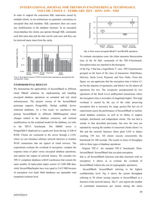INTERNATIONAL JOURNAL FOR TRENDS IN ENGINEERING & TECHNOLOGY,
VOLUME 3 ISSUE 2 – FEBRUARY 2015 – ISSN: 2349 – 9303
59
IJTET©2015
In order to support the concurrent SQL statements issued by
multiple clients. in our architecture we guarantee consistency in
encrypted data and metadata. SQL operations does not cause
any modifications in the database structure. In an encrypted
cloud database the clients can operate through SQL commands
such that meta data and the data can be read once and they can
be retrieved many times from the cache.
5 EXPERIMENTAL RESULTS
We demonstrate the applicability of SecureDBaaS to different
cloud DBaaS solutions by implementing and handling
encrypted database operations on emulated and real cloud
infrastructures. The present version of the SecureDBaaS
prototype supports PostgreSQL, MySql, andSQL Server
relational databases. As a first result, we canobserve that
porting SecureDBaaS to different DBMSrequired minor
changes related to the database connector, and minimal
modifications As the workload model for the database, we refer
to the TPC-C benchmark. The DBMS server is
PostgreSQL9.1deployed on a quad-core Xeon having 12 GB of
RAM. Clients are connected to the server through a LAN,
where we can introduce arbitrary network latencies to emulate
WAN connections that are typical of cloud services. The
experiments evaluate the overhead of encryption, compare the
response times of plain versus encrypted database operations,
and analyze the impact of network latency. We consider two
TPC-C compliant databases with10 warehouses that contain the
same number of tuples:plain tuples consist of 1,046 MB data,
while SecureDBaaStuples have size equal to 2,615 MB because
of encryption over head. Both databases use repeatable read
(snapshot) isolation level
To evaluate encryption costs, the client measures theexecution
time of the 44 SQL commands of the TPC-Cbenchmark.
Encryption times are reported in the histogram
of the Fig. 5 that has a logarithmic Y -axis. TPC-Cperationsare
grouped on the basis of the class of transaction: OrderStatus,
Delivery, Stock Level, Payment, and New Order. From this
figure, we can appreciate that the encryption time is below 0.1
ms for the majority of operations, and below1 ms for almost all
operations but two. The exceptions arerepresented by two
operations of the Stock Level andPayment transactions where
the encryption time is twoorders of magnitude higher. This high
overhead is caused by the use of the order preserving
encryption that is necessary for range queries.The last set of
experiments assess the performance of SecureDBaaS in realistic
cloud database scenarios, as well as its ability to support
multiple, distributed, and independent clients. The test bed is
similar to that described previously, but now the runs are
repeated by varying the number of concurrent clients (from 1 to
40) and the network latencies (from plain LAN to delays
reaching 150 ms). All clients execute concurrently the
benchmark for 300 seconds. The results in terms of throughput
refer to three types of database operations:
. Original TPC-C: the standard TPC-C benchmark; Plain-
SecureDBaaS: SecureDBaaS that use plain encryption,
that is, all SecureDBaaS functions and data structures with no
encryption; it allows us to evaluate the overhead of
SecureDBaaS without the cost of cryptographic operations;
. SecureDBaaS: SecureDBaaS referring to the highest
confidentiality level. Fig. 8 shows the system throughput
referring to 20 clients issuing requests to SecureDBaaS as a
function of the network latency. The Y -axis reports the number
of committed transactions per minute during the entire
 