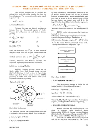 INTERNATIONAL JOURNAL FOR TRENDS IN ENGINEERING & TECHNOLOGY
VOLUME 3 ISSUE 2 – FEBRUARY 2015 – ISSN: 2349 – 9303
70
IJTET©2015
The original signal(s) can be regained by
adding IMFs level and residue signal(r) that have the
lowest frequency. The representation of original signal
is given by (4)
s= 𝑖𝑚𝑓𝑛
𝑁
𝑛=1 +r (4)
2.3Feature Extraction
Variance, Skewness and Kurtosis are taken as
features from the decomposed signals of EMD.
Variance (𝜎2
), Skewness (sk) and Kurtosis (ku)are
given by
𝜎2
=
1
𝑁
(𝑥𝑖 − µ)2𝑁
𝑖=1 (5)
Sk=
1
𝑁
(
𝑥 𝑖−𝜇
𝜎
)3𝑁
𝑖=1 (6)
Ku=
1
𝑁
(
𝑥 𝑖−𝜇
𝜎
)4𝑁
𝑖=1 (7)
where the mean (μ) is µ=
1
𝑁
𝑥𝑖
𝑁
𝑖=1 , N is the length of
imf (N=1024),𝑥𝑖 is the imf of signal for ith sample and
standard deviation (σ) is 

N
i
ix
N 1
2
)(
1

Variance, Skewness and Kurtosis describes the
dispersion, asymmetry and peakness of the dataset.
2.4Extreme Learning Machine
Extreme Learning Machine makes use of
Single hidden layer feed forward neural network
(SLFN).Architecture of ELM is given in Fig.3.Single
hidden layer feed forward neural network (SLFN)
possessing L-hidden node with additive and Radial
Basis Function (RBF) is given by
𝛽𝑗 g (𝑤𝑗 , 𝑏𝑗 , 𝑥𝑖)) =𝑜𝑗 (8)
Fig. 3. ELM Architecture
The activation function for additive hidden node and
Radial Basis Function hidden node is given (9) and (10)
g (𝑤𝑗 , 𝑏𝑗 , 𝑥𝑖)=g (𝑤𝑗 .𝑥𝑖+𝑏𝑗 )(9)
g (𝑤𝑗 , 𝑏𝑗 , 𝑥𝑖)=g (𝑏𝑗 ||𝑥𝑖-𝑤𝑗 ||)(10)
𝑤𝑗 is the weight vector connecting the input layer to the
jth hidden nodeand 𝑏𝑗 isthe bias of the jth hidden
node.For N samples with L hidden nodes that has zero
error can be given as T=βH whereβ is the weight
between hidden and output layer and T is the
target.Unipolar sigmoidal activation function is given by
))*)*(((
1
1),,( jij bxwjij
e
bxwG 


(11)
where λ is the learning parameter that ranges between 0
to1.
ELM is carried out three steps that require no
tuning. It involves
i) Assigning randomly input weights (w) and bias (b)
ii) Calculating the hidden layer output matrix H
iii)Determining the output weights TH 1
 where
1
H is the Moore Penrose generalized inverse of H.
The steps are summarized and given in Fig.4.
Fig. 4. Steps for ELM
3 PERFORMANCE MEASURES
The performance analysis is carried out by
finding Sensitivity, Specificity and Accuracy.
Sensitivity= TP/ (TP + FN)(12)
Specificity= TN/ (TN +FP)(13)
Accuracy=(TP+TN) / (TP+FN+TN+FP)(14)
Where TP, FN, TN, FN represents True Positive,False
Negative,True Negative,False Positive respectively.
4 RESULTS AND DISCUSSIONS
Feature extraction and classification of EEG
signal is presented using Empirical Mode
Decomposition (EMD)with Extreme Learning Machine
(ELM) classifier. Bonn dataset being sampled at 173.6
Hz is band limited to 86.8Hz. When decomposition is
analysed with EMD, the frequency ranges of
first five IMF are given: IMF1 (0–44 Hz), IMF2 (0–30
1
N
N
2
1
jo
1
2
L
1x
ix
INPUT LAYER WITH N
INPUT NEURONS
HIDDEN LAYER WITH
L HIDDEN NEURONS
OUTPUT LAYER WITH M
OUTPUT NEURONS
BIAS 1b
2b
Lb
1w
Nw
.
.
.
.
.
.
.
.
Hidden layer output matrix
calculation
Output weight β calculation
Assign randomly input weights
w and bias b
 