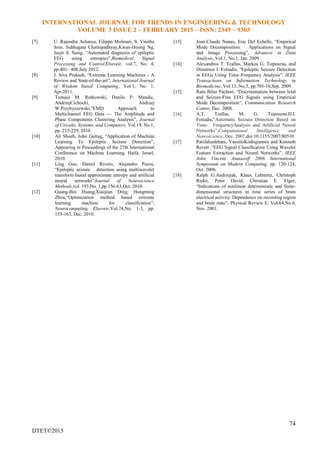 INTERNATIONAL JOURNAL FOR TRENDS IN ENGINEERING & TECHNOLOGY
VOLUME 3 ISSUE 2 – FEBRUARY 2015 – ISSN: 2349 – 9303
74
IJTET©2015
[7] U. Rajendra Acharya, Filippo Molinari, S. Vinitha
Sree, Subhagata Chattopadhyay,Kwan-Hoong Ng,
Jasjit S. Surig, ―Automated diagnosis of epileptic
EEG using entropies‖,Biomedical Signal
Processing and Control,Elseveir, vol.7, No. 4,
pp.401– 408,July 2012.
[8] J. Siva Prakash, ―Extreme Learning Machines - A
Review and State-of-the-art‖, International Journal
of Wisdom based Computing, Vol.1, No. 1,
Apr.2011.
[9] Tomasz M. Rutkowski, Danilo P. Mandic,
AndrzejCichocki, Andrzej
W.Przybyszewski,―EMD Approach to
Multichannel EEG Data — The Amplitude and
Phase Components Clustering Analysis‖, Journal
of Circuits, Systems, and Computers, Vol.19, No.1,
pp. 215-229, 2010
[10] Ali Shoeb, John Guttag, ―Application of Machine
Learning To Epileptic Seizure Detection‖,
Appearing in Proceedings of the 27th International
Conference on Machine Learning, Haifa, Israel,
2010.
[11] Ling Guo, Daniel Rivero, Alejandro Pazos,
―Epileptic seizure detection using multiwavelet
transform based approximate entropy and artificial
neural networks‖Journal of Neuroscience
Methods,vol. 193,No. 1,pp.156-63,Oct. 2010.
[12] Guang-Bin Huang,Xiaojian Ding, Hongming
Zhou,―Optimization method based extreme
learning machine for classification‖,
Neurocomputing, Elseveir,Vol.74,No. 1-3, pp.
155-163, Dec. 2010.
[13] Jean-Claude Nunes, Eric Del Echelle, ―Empirical
Mode Decomposition: Applications on Signal
and Image Processing‖, Advances in Data
Analysis, Vol.1, No.1, Jan. 2009.
[14] Alexandros T. Tzallas, Markos G. Tsipouras, and
Dimitrios I. Fotiadis, ―Epileptic Seizure Detection
in EEGs Using Time–Frequency Analysis‖, IEEE
Transactions on Information Technology in
Biomedicine, Vol.13, No.5, pp.703-10,Sep. 2009.
[15] Ram Bilas Pachori, ―Discrimination between Ictal
and Seizure-Free EEG Signals using Empirical
Mode Decomposition‖, Communication Research
Centre, Dec. 2008.
[16] A.T. Tzallas, M. G. Tsipouras,D.I.
Fotiadis,―Automatic Seizure Detection Based on
Time- FrequencyAnalysis and Artificial Neural
Networks‖,Computational Intelligence and
Neuroscience, Dec. 2007,doi:10.1155/2007/80510
[17] PariJahankhani, VassilisKodogiannis and Kenneth
Revett ,―EEG Signal Classification Using Wavelet
Feature Extraction and Neural Networks‖, IEEE
John Vincent Atanasoff 2006 International
Symposium on Modern Computing, pp. 120-124,
Oct. 2006.
[18] Ralph G.Andrzejak, Klaus Lehnertz, Christoph
Rieke, Peter David, Christian E. Elger,
―Indications of nonlinear deterministic and finite-
dimensional structures in time series of brain
electrical activity: Dependence on recording region
and brain state‖, Physical Review E, Vol.64,No.6,
Nov. 2001.
 