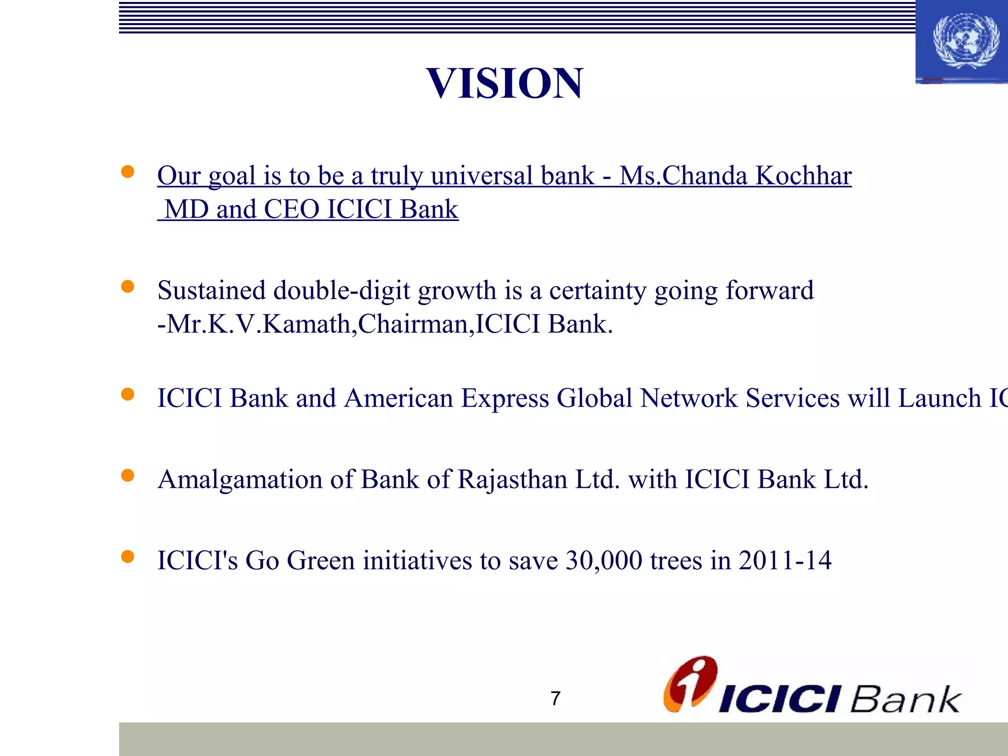 VISION


Our goal is to be a truly universal bank - Ms.Chanda Kochhar
MD and CEO ICICI Bank



Sustained double-digit growth is a certainty going forward
-Mr.K.V.Kamath,Chairman,ICICI Bank.



ICICI Bank and American Express Global Network Services will Launch IC



Amalgamation of Bank of Rajasthan Ltd. with ICICI Bank Ltd.



ICICI's Go Green initiatives to save 30,000 trees in 2011-14

7

 
