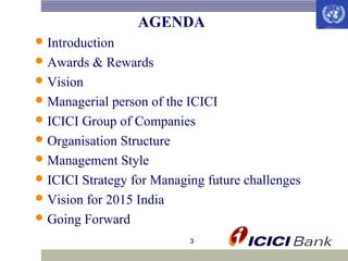 AGENDA
 Introduction
 Awards

& Rewards

 Vision
 Managerial

person of the ICICI
 ICICI Group of Companies
 Organisation Structure
 Management Style
 ICICI Strategy for Managing future challenges
 Vision for 2015 India
 Going Forward
3

 