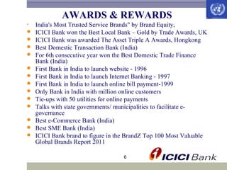 AWARDS & REWARDS
•














India's Most Trusted Service Brands" by Brand Equity,
ICICI Bank won the Best Local Bank – Gold by Trade Awards, UK
ICICI Bank was awarded The Asset Triple A Awards, Hongkong
Best Domestic Transaction Bank (India)
For 6th consecutive year won the Best Domestic Trade Finance
Bank (India)
First Bank in India to launch website - 1996
First Bank in India to launch Internet Banking - 1997
First Bank in India to launch online bill payment-1999
Only Bank in India with million online customers
Tie-ups with 50 utilities for online payments
Talks with state governments/ municipalities to facilitate egovernance
Best e-Commerce Bank (India)
Best SME Bank (India)
ICICI Bank brand to figure in the BrandZ Top 100 Most Valuable
Global Brands Report 2011
6

 