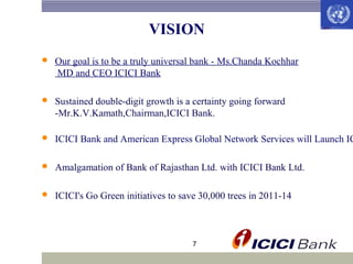 VISION


Our goal is to be a truly universal bank - Ms.Chanda Kochhar
MD and CEO ICICI Bank



Sustained double-digit growth is a certainty going forward
-Mr.K.V.Kamath,Chairman,ICICI Bank.



ICICI Bank and American Express Global Network Services will Launch IC



Amalgamation of Bank of Rajasthan Ltd. with ICICI Bank Ltd.



ICICI's Go Green initiatives to save 30,000 trees in 2011-14

7

 