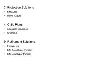 3. Protection Solutions LifeGuard Home Assure 4. Child Plans Education insurance SmartKid Retirement Solutions Forever Life Life Time Super Pension Life Link Super Pension