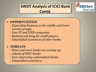  OPPORTUNITIES
- Expanding business to the middle and lower
income groups.
- New IT and ITES companies.
- Business advising for small players.
- Dissatisfied customers of other banks.
 THREATS
- More and more banks are coming up.
- Advent of MNC banks.
- Ever improving nationalized banks.
- Dissatisfied customers.
SWOT Analysis of ICICI Bank
Contd.
 