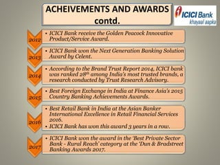 2012
• ICICI Bank receive the Golden Peacock Innovative
Product/Service Award.
2013
• ICICI Bank won the Next Generation Banking Solution
Award by Celent.
2014
• According to the Brand Trust Report 2014, ICICI bank
was ranked 28th among India’s most trusted brands, a
research conducted by Trust Research Advisory.
2015
• Best Foreign Exchange in India at Finance Asia’s 2015
Country Banking Achievements Awards.
2016
• Best Retail Bank in India at the Asian Banker
International Excellence in Retail Financial Services
2016.
• ICICI Bank has won this award 3 years in a row.
2017
• ICICI Bank won the award in the ‘Best Private Sector
Bank - Rural Reach’ category at the ‘Dun & Bradstreet
Banking Awards 2017.
ACHEIVEMENTS AND AWARDS
contd.
 