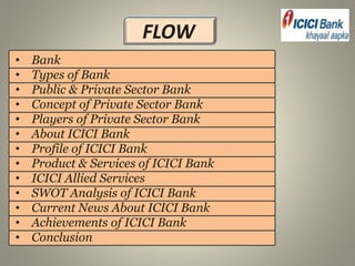 FLOW
• Bank
• Types of Bank
• Public & Private Sector Bank
• Concept of Private Sector Bank
• Players of Private Sector Bank
• About ICICI Bank
• Profile of ICICI Bank
• Product & Services of ICICI Bank
• ICICI Allied Services
• SWOT Analysis of ICICI Bank
• Current News About ICICI Bank
• Achievements of ICICI Bank
• Conclusion
 
