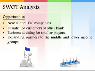 SWOT Analysis:
Opportunities:
• New IT and ITES companies.
• Dissatisfied customers of other bank.
• Business advising for smaller players.
• Expanding business to the middle and lower income
groups.
 