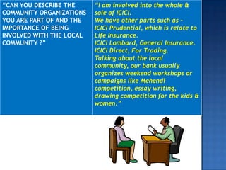 “CAN YOU DESCRIBE THE
COMMUNITY ORGANIZATIONS
YOU ARE PART OF AND THE
IMPORTANCE OF BEING
INVOLVED WITH THE LOCAL
COMMUNITY ?”
“I am involved into the whole &
sole of ICICI.
We have other parts such as –
ICICI Prudential, which is relate to
Life Insurance.
ICICI Lombard, General Insurance.
ICICI Direct, For Trading.
Talking about the local
community, our bank usually
organizes weekend workshops or
campaigns like Mehendi
competition, essay writing,
drawing competition for the kids &
women.”
 