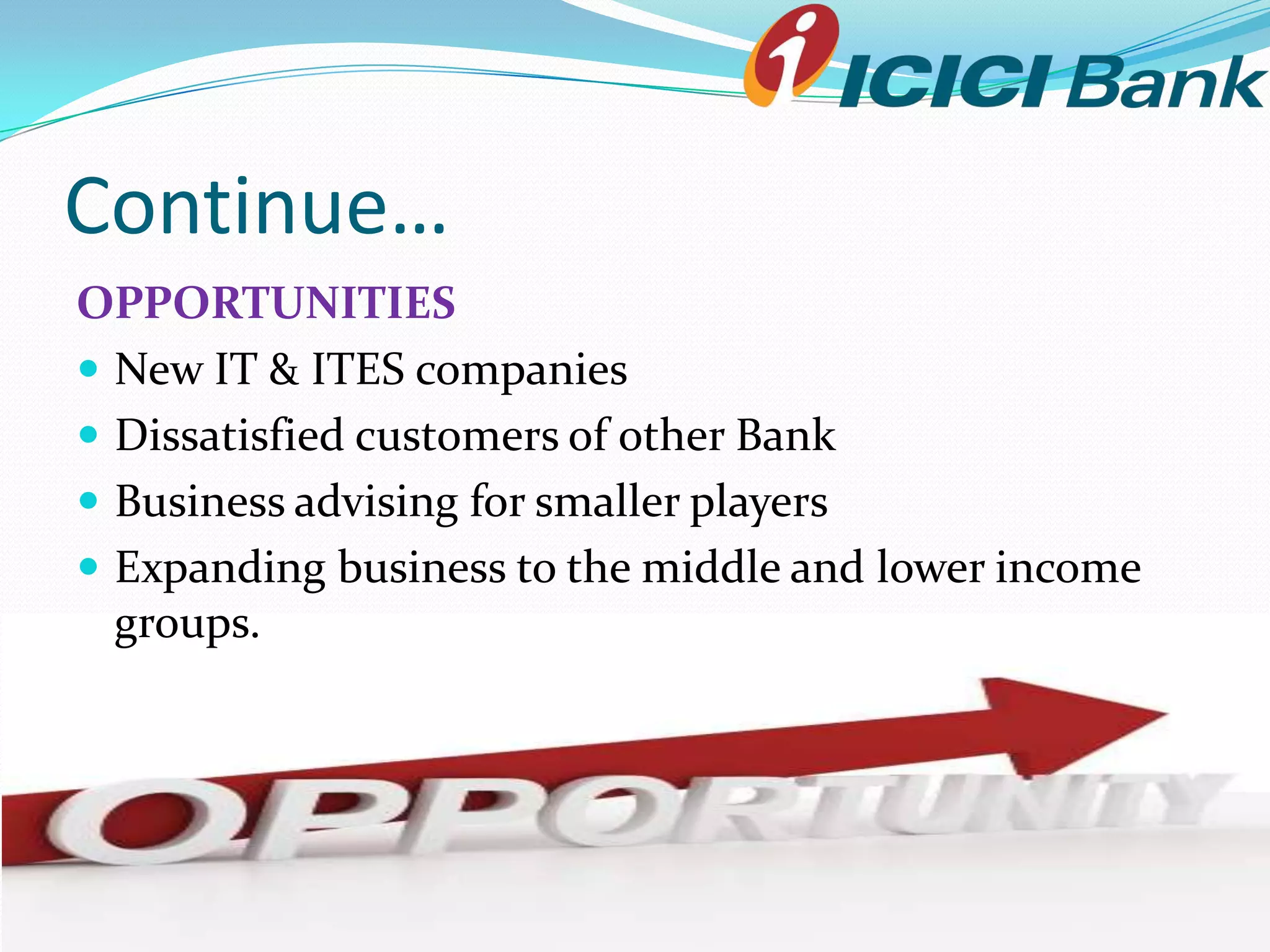 Continue…
OPPORTUNITIES
 New IT & ITES companies
 Dissatisfied customers of other Bank
 Business advising for smaller players
 Expanding business to the middle and lower income
  groups.
 