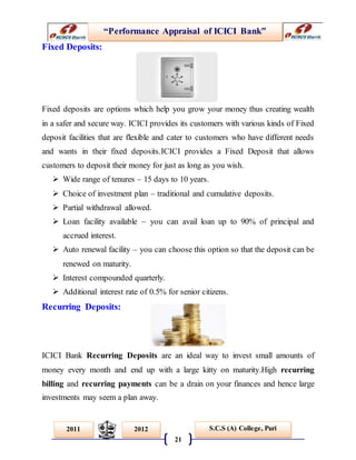 “Performance Appraisal of ICICI Bank”
21
S.C.S (A) College, Puri2011 2012
Fixed Deposits:
Fixed deposits are options which help you grow your money thus creating wealth
in a safer and secure way. ICICI provides its customers with various kinds of Fixed
deposit facilities that are flexible and cater to customers who have different needs
and wants in their fixed deposits.ICICI provides a Fixed Deposit that allows
customers to deposit their money for just as long as you wish.
 Wide range of tenures – 15 days to 10 years.
 Choice of investment plan – traditional and cumulative deposits.
 Partial withdrawal allowed.
 Loan facility available – you can avail loan up to 90% of principal and
accrued interest.
 Auto renewal facility – you can choose this option so that the deposit can be
renewed on maturity.
 Interest compounded quarterly.
 Additional interest rate of 0.5% for senior citizens.
Recurring Deposits:
ICICI Bank Recurring Deposits are an ideal way to invest small amounts of
money every month and end up with a large kitty on maturity.High recurring
billing and recurring payments can be a drain on your finances and hence large
investments may seem a plan away.
 