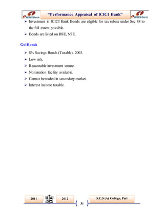 “Performance Appraisal of ICICI Bank”
31
S.C.S (A) College, Puri2011 2012
 Investment in ICICI Bank Bonds are eligible for tax rebate under Sec 88 to
the full extent possible.
 Bonds are listed on BSE, NSE.
GoiBonds
 8% Savings Bonds (Taxable), 2003.
 Low risk.
 Reasonable investment tenure.
 Nomination facility available.
 Cannot be traded in secondary market.
 Interest income taxable.
 