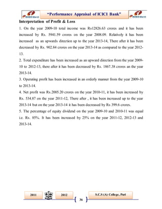“Performance Appraisal of ICICI Bank”
36
S.C.S (A) College, Puri2011 2012
Interpretation of Profit & Loss
1. On the year 2009-10 total income was Rs12826.63 crores and it has been
increased by Rs. 5941.59 crores on the year 2008.09. Relatively it has been
increased as an upwards direction up to the year 2013-14, There after it has been
decreased by Rs. 902.84 crores on the year 2013-14 as compared to the year 2012-
13.
2. Total expenditure has been increased as an upward direction from the year 2009-
10 to 2012-13, there after it has been decreased by Rs. 1867.38 crores an the year
2013-14.
3. Operating profit has been increased in an orderly manner from the year 2009-10
to 2013-14.
4. Net profit was Rs.2005.20 crores on the year 2010-11, it has been increased by
Rs. 534.87 on the year 2011-12, There after , it has been increased up to the year
2013-14 but on the year 2013-14 it has been decreased by Rs 399.6 crores.
5. The percentage of equity dividend on the year 2009-10 and 2010-11 was equal
i.e. Rs. 85%. It has been increased by 25% on the year 2011-12, 2012-13 and
2013-14.
 