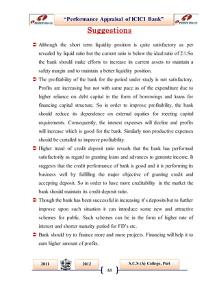“Performance Appraisal of ICICI Bank”
53
S.C.S (A) College, Puri2011 2012
Suggestions
 Although the short term liquidity position is quite satisfactory as per
revealed by liquid ratio but the current ratio is below the ideal ratio of 2:1.So
the bank should make efforts to increase its current assets to maintain a
safety margin and to maintain a better liquidity position.
 The profitability of the bank for the period under study is not satisfactory.
Profits are increasing but not with same pace as of the expenditure due to
higher reliance on debt capital in the form of borrowings and loans for
financing capital structure. So in order to improve profitability, the bank
should reduce its dependence on external equities for meeting capital
requirements. Consequently, the interest expenses will decline and profits
will increase which is good for the bank. Similarly non productive expenses
should be curtailed to improve profitability.
 Higher trend of credit deposit ratio reveals that the bank has performed
satisfactorily as regard to granting loans and advances to generate income. It
suggests that the credit performance of bank is good and it is performing its
business well by fulfilling the major objective of granting credit and
accepting deposit. So in order to have more creditability in the market the
bank should maintain its credit deposit ratio.
 Though the bank has been successful in increasing it’s deposits but to further
improve upon such situation it can introduce some new and attractive
schemes for public. Such schemes can be in the form of higher rate of
interest and shorter maturity period for FD’s etc.
 Bank should try to finance more and more projects. Financing will help it to
earn higher amount of profits.
 