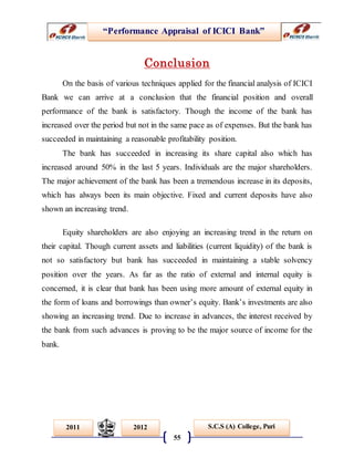 “Performance Appraisal of ICICI Bank”
55
S.C.S (A) College, Puri2011 2012
Conclusion
On the basis of various techniques applied for the financial analysis of ICICI
Bank we can arrive at a conclusion that the financial position and overall
performance of the bank is satisfactory. Though the income of the bank has
increased over the period but not in the same pace as of expenses. But the bank has
succeeded in maintaining a reasonable profitability position.
The bank has succeeded in increasing its share capital also which has
increased around 50% in the last 5 years. Individuals are the major shareholders.
The major achievement of the bank has been a tremendous increase in its deposits,
which has always been its main objective. Fixed and current deposits have also
shown an increasing trend.
Equity shareholders are also enjoying an increasing trend in the return on
their capital. Though current assets and liabilities (current liquidity) of the bank is
not so satisfactory but bank has succeeded in maintaining a stable solvency
position over the years. As far as the ratio of external and internal equity is
concerned, it is clear that bank has been using more amount of external equity in
the form of loans and borrowings than owner’s equity. Bank’s investments are also
showing an increasing trend. Due to increase in advances, the interest received by
the bank from such advances is proving to be the major source of income for the
bank.
 