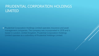 PRUDENTIAL CORPORATION HOLDINGS
LIMITED
 Prudential Corporation Holdings Limited operates insurance and asset
management companies. The company was incorporated in 1978 and is
based in London, United Kingdom. Prudential Corporation Holdings
Limited operates as a subsidiary of Prudential Holdings Limited.
 