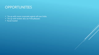 OPPORTUNITIES
 Tie up with more corporate agents all over India.
 Tie up with broker also (ex PolicyBazaar)
 Rural market
 