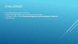 CHALLENGES
 LIC offering huge surplus in life fund.
 Players like Bajaj Allianz with low premium for same plan.
 Changes in policy of IRDA (Insurance Regulatory and Development Authority.)
 New entrance.
 