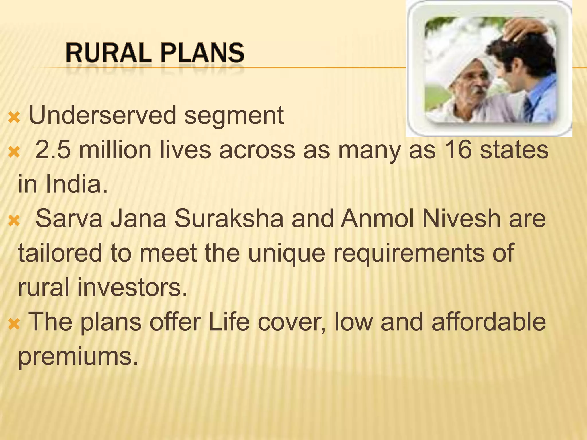  Underserved segment
 2.5 million lives across as many as 16 states
 in India.
 Sarva Jana Suraksha and Anmol Nivesh are
 tailored to meet the unique requirements of
 rural investors.
 The plans offer Life cover, low and affordable
 premiums.
 