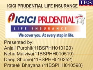 ICICI PRUDENTIAL LIFE INSURANCE




Presented by:
Anjali Purohit(11BSPHH010120)
Neha Malviya(11BSPHH010519)
Deep Shome(11BSPHH010252)
Prateek Bhayana (11BSPHH010598)
 