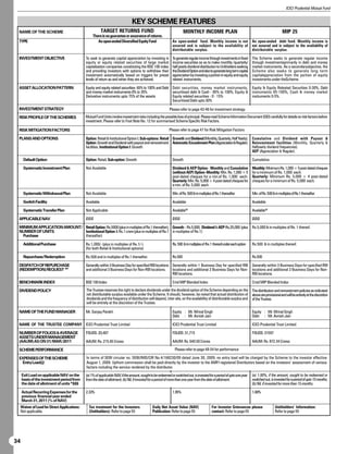 ICICI Prudential Mutual Fund


                                                                                 KEY SCHEME FEATURES
 NAME OF THE SCHEME                                        TARGET RETURNS FUND                                          MONTHLY INCOME PLAN                                                        MIP 25
                                                    There is no guarantee or assurance of returns.
 TYPE                                                  An open-ended Diversified Equity Fund                   An open-ended fund. Monthly income is not An open-ended debt fund. Monthly income is
                                                                                                               assured and is subject to the availability of not assured and is subject to the availability of
                                                                                                               distributable surplus.                        distributable surplus.

 INVESTMENT OBJECTIVE                          To seek to generate capital appreciation by investing in        To generate regular income through investments in fixed      The Scheme seeks to generate regular income
                                               equity or equity related securities of large market             income securities so as to make monthly /quarterly/          through investmentsprimarily in debt and money
                                               capitalization companies constituting the BSE 100 index         half yearly dividend distribution to Unitholders seeking     market instruments. As a secondaryobjective, the
                                               and providing investors with options to withdraw their          the Dividend Option and also to generate long term capital   Scheme also seeks to generate long term
                                               investment automatically based on triggers for preset           appreciation by investing a portion in equity and equity     capitalappreciation from the portion of equity
                                               levels of return as and when they are achieved.                 related instruments.                                         investments under theScheme.

 ASSET ALLOCATION PATTERN                      Equity and equity related securities- 65% to 100% and Debt Debt securities, money market instruments,                        Equity  Equity Releated Securities 0-30%, Debt
                                               and money market instruments-0% to 35%.                    securitised debt  Cash - 85% to 100%, Equity                    instruments 65-100%, Cash  money market
                                               Derivative instruments upto 75% of the assets              Equity related securities - 0 - 15%                               instruments 0-5%.
                                                                                                          Securitised Debt upto 30%

 INVESTMENT STRATEGY                                                                                         Please refer to page 43-46 for investment strategy
 RISK PROFILE OF THE SCHEMES                   Mutual Fund Units involve investment risks including the possible loss of principal. Please read Scheme Information Document (SID) carefully for details on risk factors before
                                               investment. Please refer to Foot Note No. 12 for summarised Scheme Specific Risk Factors.

 RISK MITIGATION FACTORS                                                                                     Please refer to page 47 for Risk Mitigation Factors

 PLANS AND OPTIONS                             Option: Retail  Institutional Option I; Sub-options: Retail Growth and Dividend (Monthly, Quarterly, Half Yearly). Cumulative and Dividend with Payout 
                                               Option: Growth and Dividend with payout and reinvestment Automatic Encashment Plan (Appreciation  Regular). Reinvestment facilities (Monthly, Quarterly 
                                               facilities. Institutional Option I: Growth                                                                          Halfyearly dividend frequencies).
                                                                                                                                                                   AEP (Appreciation  Regular).

      Default Option                           Option: Retail; Sub-option: Growth                              Growth                                                       Cumulative

      Systematic Investment Plan               Not Available                                                   Dividend  AEP Option - Monthly and Cumulative               Monthly: Minimum Rs. 1,000 + 5 post-dated cheques
                                                                                                               (without AEP) Option- Monthly: Min. Rs. 1,000 + 5            for a minimum of Rs. 1,000 each.
                                                                                                               post-dated cheques for a min.of Rs. 1,000 each.              Quarterly: Minimum Rs. 5,000 + 4 post-dated
                                                                                                               Quarterly: Min. Rs. 5,000 + 4 post-dated cheques for         cheques for a minimum of Rs. 5,000 each.
                                                                                                               a min. of Rs. 5,000 each.

      Systematic Withdrawal Plan               Not Available                                                   Min. of Rs. 500  in multiples of Re.1 thereafter.           Min. of Rs. 500  in multiples of Re.1 thereafter.

      Switch Facility                          Available                                                       Available                                                    Available
                                                                                                                         $$
      Systematic Transfer Plan                 Not Applicable                                                  Available                                                    Available$$

 APPLICABLE NAV                                ØØØ                                                             ØØØ                                                          ØØØ

 MINIMUM APPLICATION AMOUNT/ Retail Option: Rs.5000 (plus in multiples of Re.1 thereafter); Growth – Rs.5,000; Dividend  AEP-Rs.25,000 (plus Rs.5,000  in multiples of Re. 1 thereof.
 NUMBER OF UNITS             Institutional Option I: Rs.1 crore (plus in multiples of Re.1 in multiples of Re.1)
  Purchase                   thereafter)

      Additional Purchase                      Rs.1,000/- (plus in multiples of Re.1/-)                        Rs. 500  in multiples of Re.1 thereof under each option     Rs.500  in multiples thereof.
                                               (for both Retail  Institutional options)

      Repurchase/Redemption                    Rs.500 and in multiples of Re.1 thereafter.                     Rs.500                                                       Rs.500

 DESPATCH OF REPURCHASE                        Generally within 3 Business Day for specified RBI locations Generally within 1 Business Day for specified RBI Generally within 3 Business Days for specified RBI
 (REDEMPTION) REQUEST ##                       and additional 3 Business Days for Non-RBI locations.       locations and additional 3 Business Days for Non- locations and additional 3 Business Days for Non-
                                                                                                           RBI locations.                                    RBI locations.

 BENCHMARK INDEX                               BSE 100 Index                                                   Crisl MIP Blended Index                                      Crisil MIP Blended Index

 DIVIDEND POLICY                               The Trustee reserves the right to declare dividends under the dividend option of the Scheme depending on the The distribution and reinvestment policies as indicated
                                               net distributable surplus available under the Scheme. It should, however, be noted that actual distribution of above are provisional and will be entirely at the discretion
                                               dividends and the frequency of distribution will depend, inter-alia, on the availability of distributable surplus and of the Trustee.
                                               will be entirely at the discretion of the Trustee.

 NAME OF THE FUND MANAGER                      Mr. Sanjay Parekh                                               Equity : Mr. Mrinal Singh                                    Equity : Mr. Mrinal Singh
                                                                                                               Debt : Mr. Avnish Jain                                       Debt : Mr. Avnish Jain

 NAME OF THE TRUSTEE COMPANY ICICI Prudential Trust Limited                                                    ICICI Prudential Trust Limited                               ICICI Prudential Trust Limited

 NUMBER OF FOLIOS  AVERAGE                    FOLIOS: 20,487                                                  FOLIOS: 31,715                                               FOLIOS: 31597
 ASSETS UNDER MANAGEMENT
 (AAUM) AS ON 31/MAR/2011                      AAUM: Rs. 215.65 Crores                                         AAUM: Rs. 640.50 Crores                                      AAUM: Rs. 872.34 Crores

 SCHEME PERFORMANCE                                                                                              Please refer to page 48-54 for performance

 EXPENSES OF THE SCHEME                        In terms of SEBI circular no. SEBI/IMD/CIR No.4/168230/09 dated June 30, 2009, no entry load will be charged by the Scheme to the investor effective
  Entry Load@                                  August 1, 2009. Upfront commission shall be paid directly by the investor to the AMFI registered Distributors based on the investors’ assessment of various
                                               factors including the service rendered by the distributor.
     Exit Load on applicable NAV on the        (a) 1% of applicable NAV, if the amount, sought to be redeemed or switched out, is invested for a period of upto one year    (a) 1.00%, if the amount, sought to be redeemed or
     basis of the investment period from       from the date of allotment; (b) Nil, if invested for a period of more than one year from the date of allotment.              switched out, is invested for a period of upto 15 months;
     the date of allotment of units *$$$                                                                                                                                    (b) Nil, if invested for more than 15 months.

     Actual Recurring Expenses for the         2.33%                                                           1.95%                                                        1.88%
     previous financial year ended
     March 31, 2011 (% of NAV)
     Waiver of Load for Direct Applications:     Tax treatment for the Investors                Daily Net Asset Value (NAV)                   For Investor Grievances please                  Unitholders’ Information:
     Not applicable.                             (Unitholders): Refer to page 55                Publication: Refer to page 55                 contact: Refer to page 55                       Refer to page 55




34
 